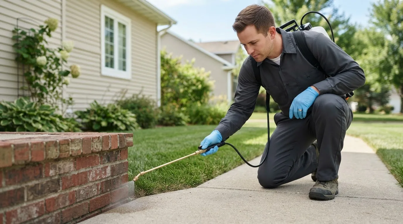 Pest control technician treating a home near Bynum, MT